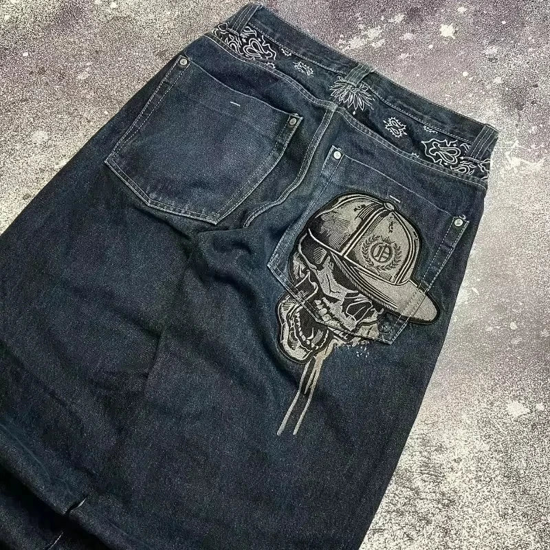Skull Embroidered Jeans Y2K