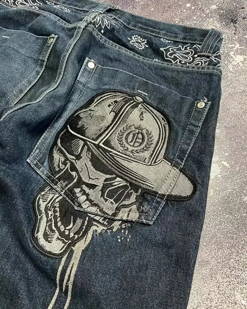 Skull Embroidered Jeans Y2K